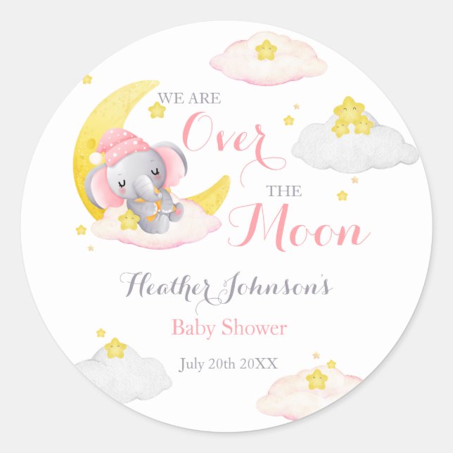 Over The Moon Elephant Girl Baby Shower Classic Round Sticker (Front)