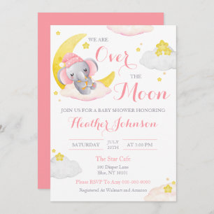 Over The Moon Elephant Girl Baby Shower Invitation