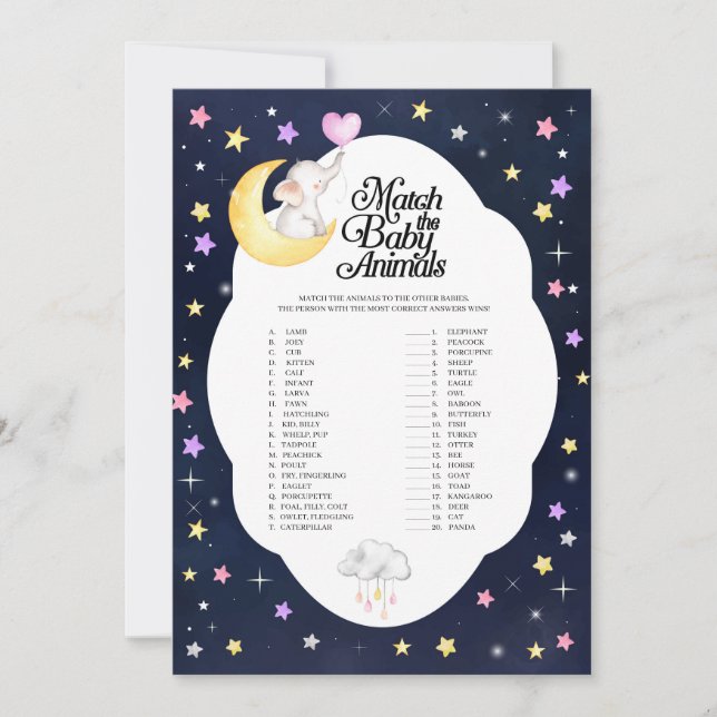 Over The Moon Elephant Match The Baby Animals Game Invitation (Front)