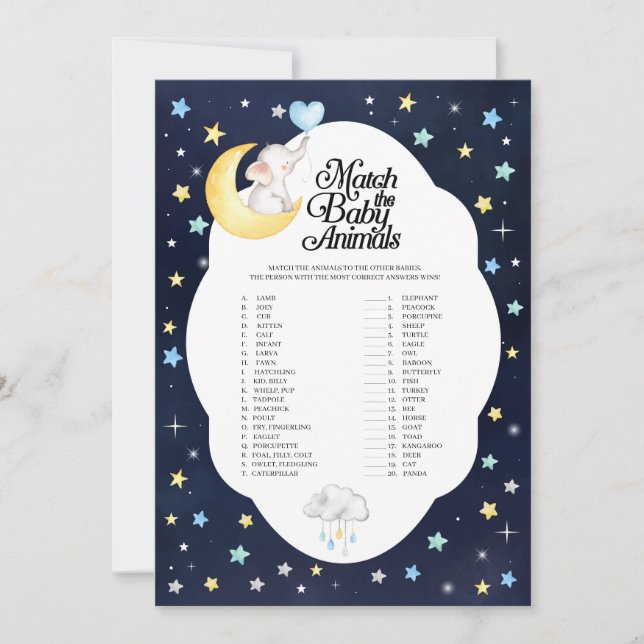 Over The Moon Elephant Match The Baby Animals Game Invitation (Front)
