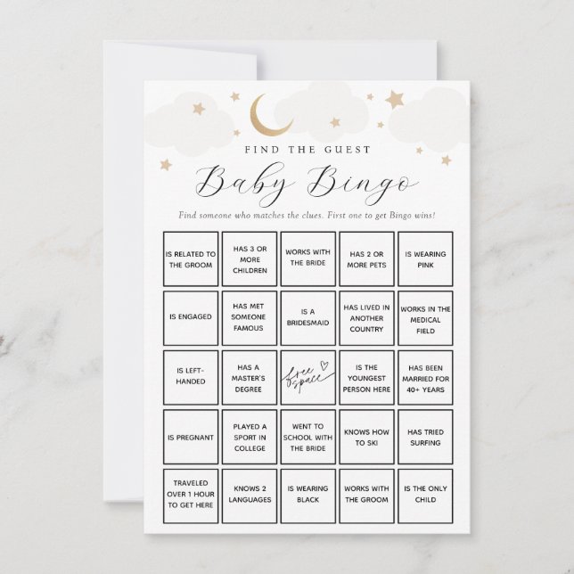 Over the Moon Find the Guest Baby Bingo Game Card (Front)