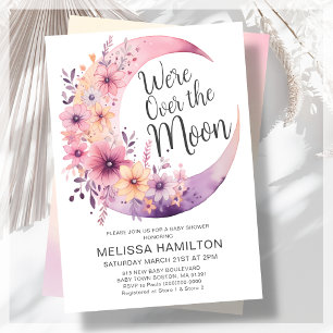 Over The Moon   Floral Baby Shower Invitation