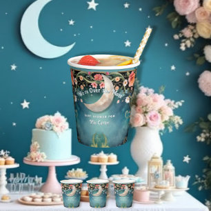 Over the Moon Floral Pink Flowers Girl Baby Shower Paper Cups