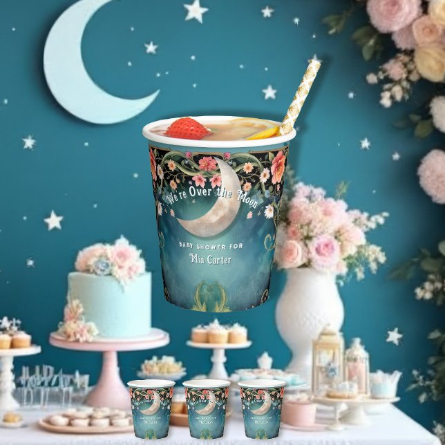 Over the Moon Floral Pink Flowers Girl Baby Shower Paper Cups (Creator Uploaded)