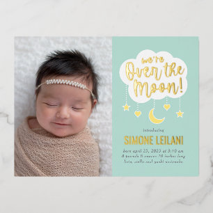 Over The Moon Foil Birth Announcement Postcard
