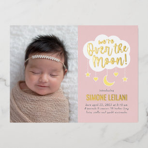 Over The Moon Foil Birth Announcement Postcard