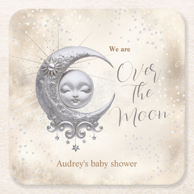 Over The Moon Gender Neutral Baby Shower  Square Paper Coaster (Front)