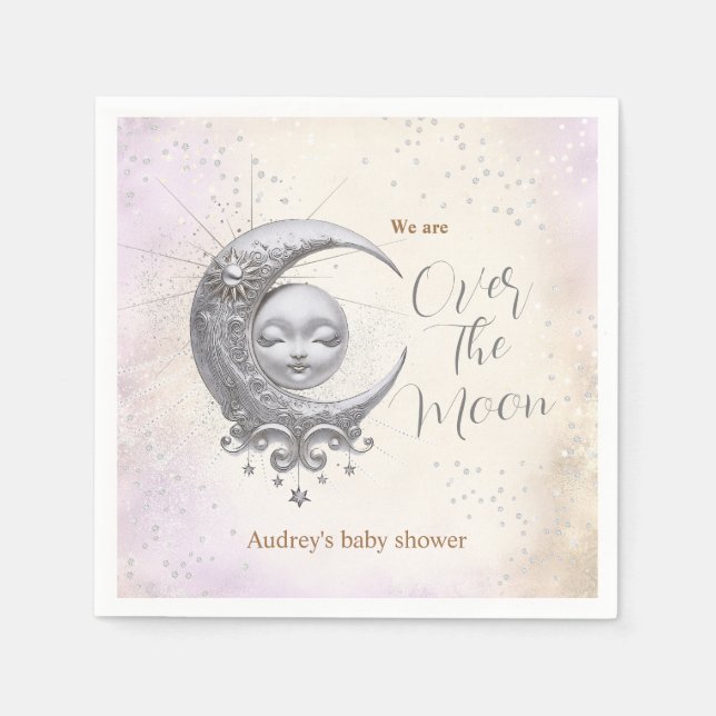 Over The Moon Gender Neutral Purple Baby Shower  Napkin (Front)