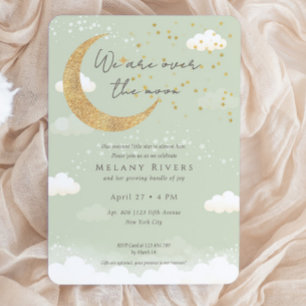  Over the Moon Gender Neutral  Sage Baby Shower Invitation