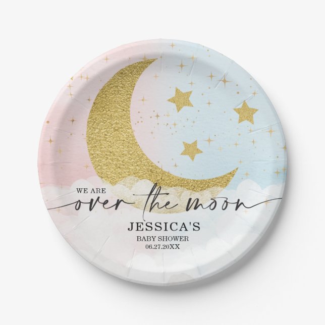 Over The Moon Gender Reveal Baby Shower Plates (Front)