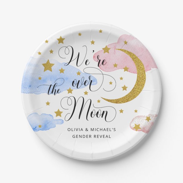 Over the Moon Gender Reveal Pink and Blue Paper Plate (Front)