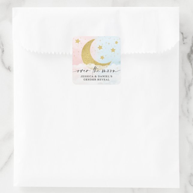 Over The Moon Gender Reveal Square Sticker (Bag)