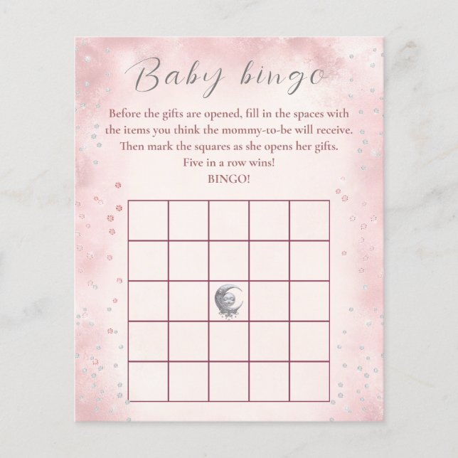 Over The Moon Girl Baby Shower Game Baby Bingo (Front)