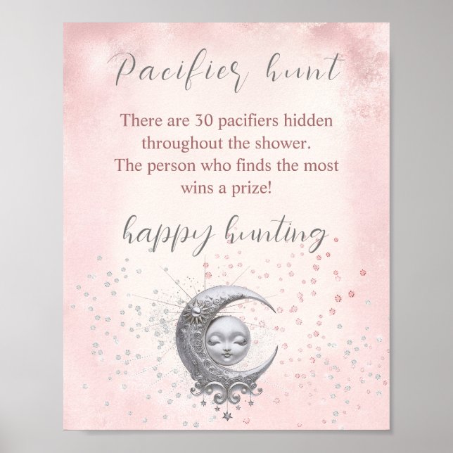 Over The Moon Girl Baby Shower Pacifier Hunt Game Poster (Front)