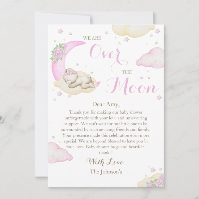 Over The Moon Girl Bear Baby Shower Thank You Card (Front)