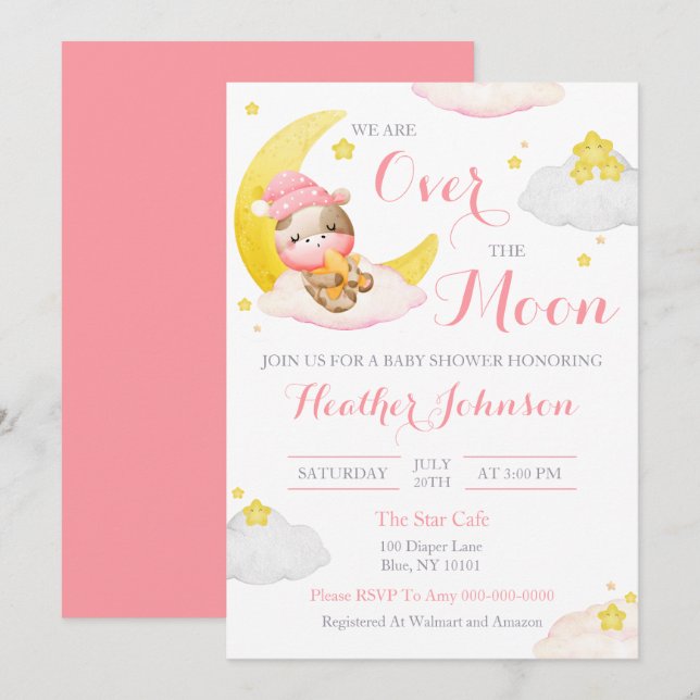 Over The Moon Girl Cow Baby Shower Invitation (Front/Back)