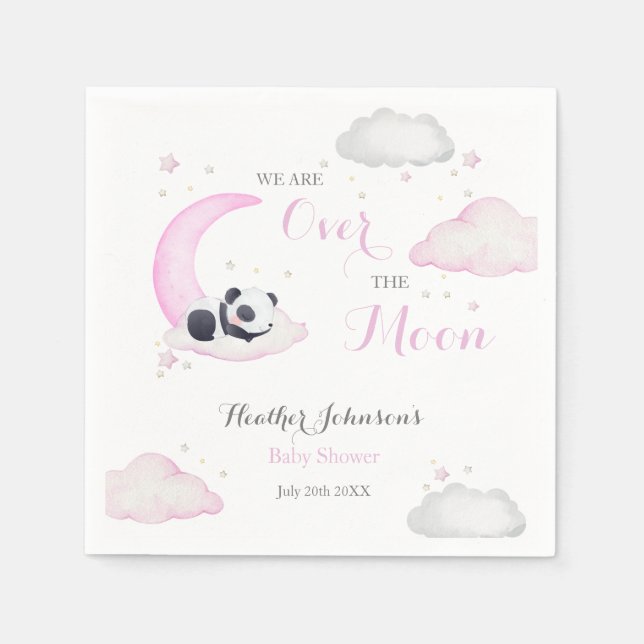Over The Moon Girl Panda Bear Baby Shower Napkin (Front)