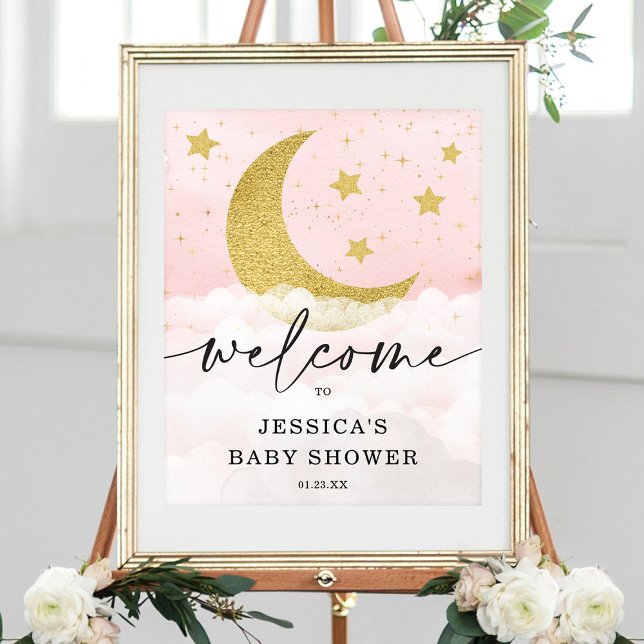 Over The Moon Girl Pink Baby Shower Welcome Poster (Creator Uploaded)