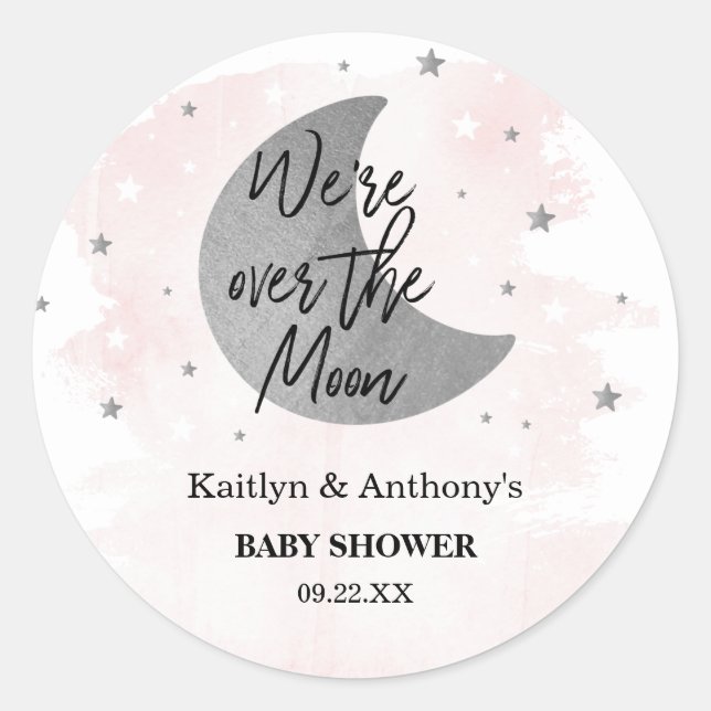 Over The Moon | Girls Baby Shower Classic Round St Sticker (Front)