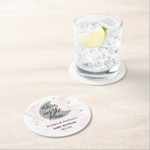 Over The Moon   Girls Baby Shower Round Paper Coaster