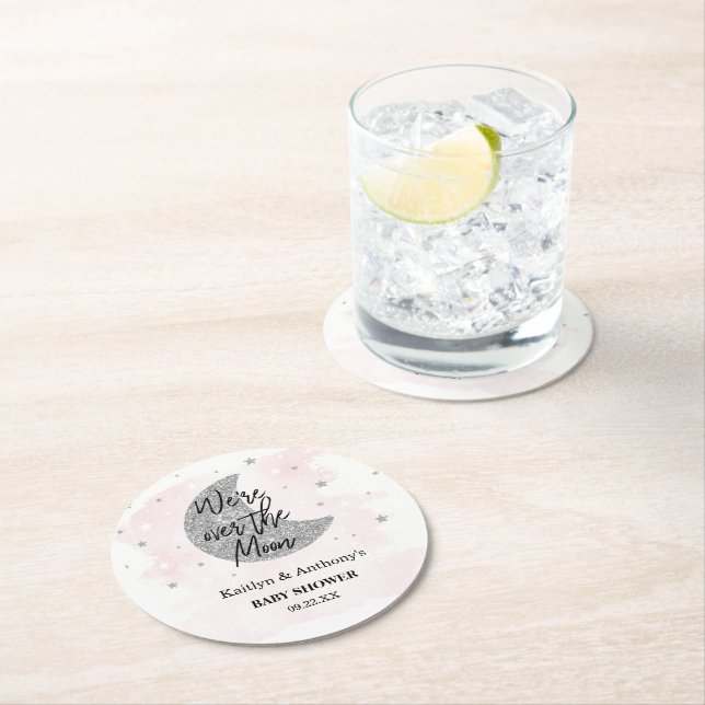 Over The Moon | Girls Baby Shower Round Paper Coaster (Insitu)