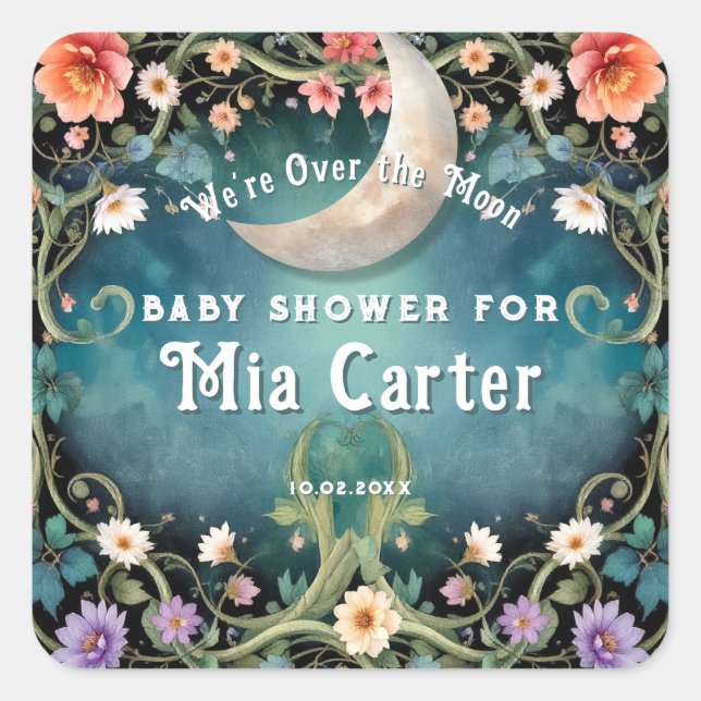 Over the Moon Girly Pink Floral Girl Baby Shower Square Sticker (Front)