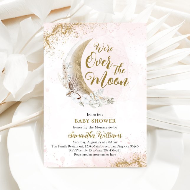 Over the Moon Gold Baby Girl Shower Photo Invitation (Creator Uploaded)