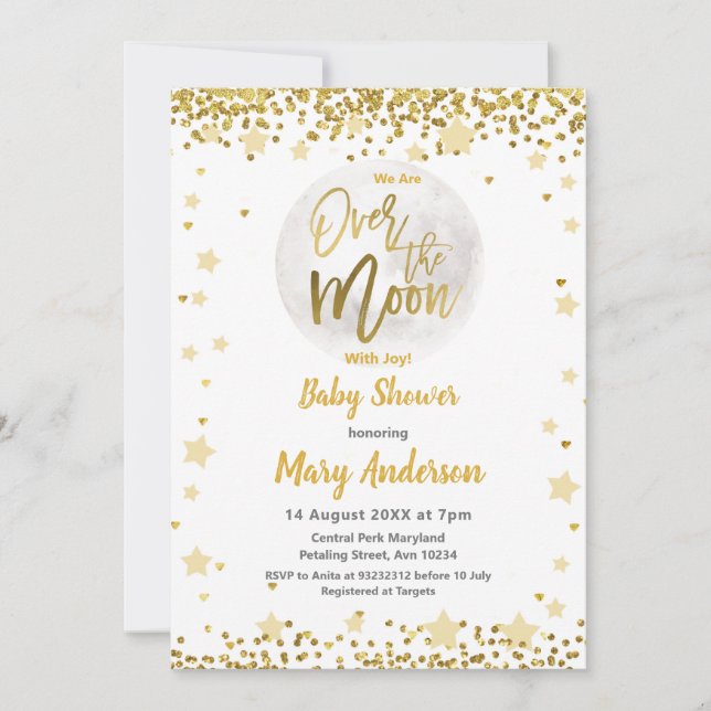 Over The Moon Gold Baby Shower Invitation (Front)