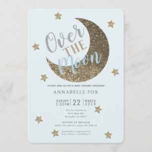 Over the Moon Gold Blue Baby Shower Invitation
