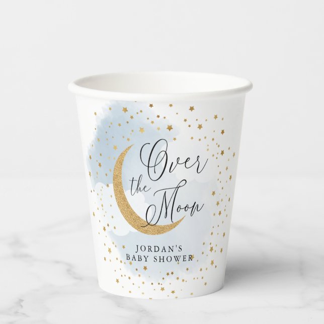 Over the Moon Gold & Blue Baby Shower Personalised Paper Cups (Front)