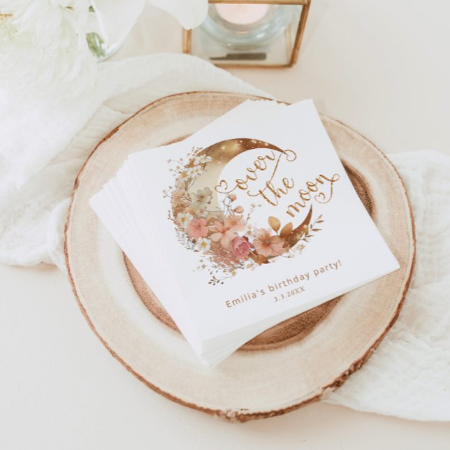 Over the moon gold floral moon girl birthday napkin (Creator Uploaded)