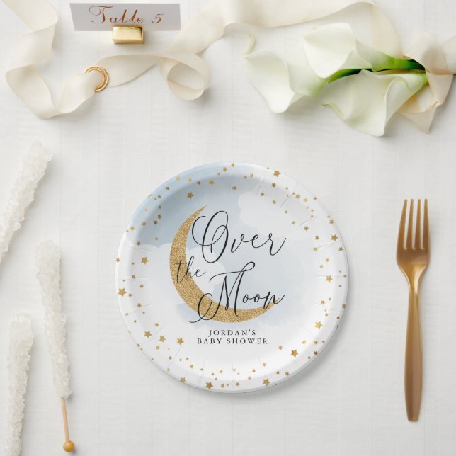Over the Moon, Gold Glitter Blue Baby Shower Paper Plate (Wedding)