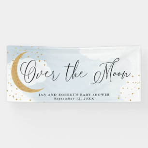Over the Moon, Gold Glitter Blue Baby Shower Party Banner