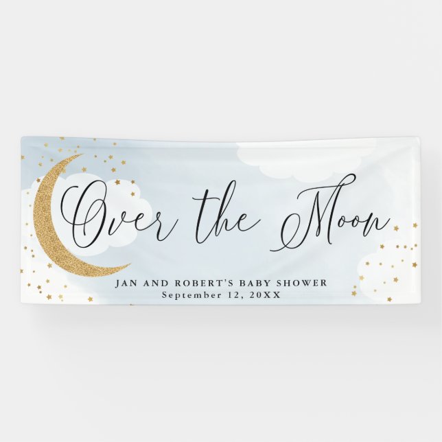 Over the Moon, Gold Glitter Blue Baby Shower Party Banner (Horizontal)