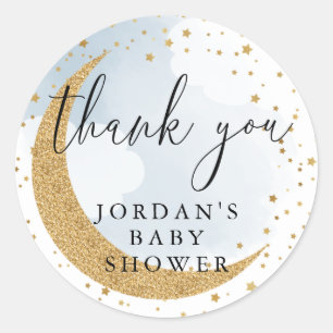 Over the Moon, Gold Glitter Blue Thank You Favour Classic Round Sticker