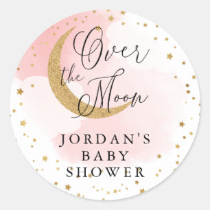 Over the Moon, Gold Glitter Pink Baby Shower Favou Classic Round Sticker