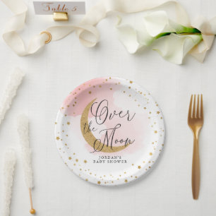 Over the Moon, Gold Glitter Pink Baby Shower Paper Plate