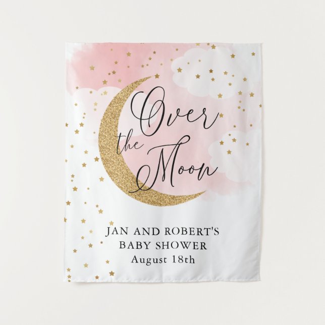 Over the Moon, Gold Glitter Pink Baby Shower Tapestry (Front)
