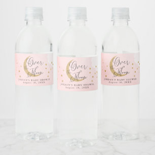 Over the Moon, Gold Glitter Pink Baby Shower Water Bottle Label
