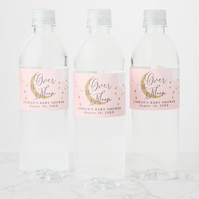 Over the Moon, Gold Glitter Pink Baby Shower Water Bottle Label (Bottles)