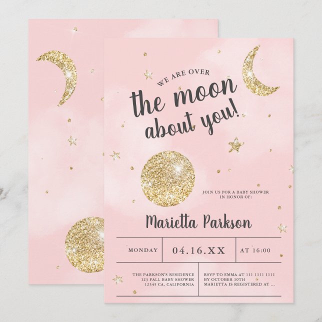 Over the moon gold glitter pink clouds baby shower invitation (Front/Back)