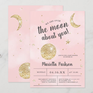 Over the moon gold glitter pink clouds baby shower invitation