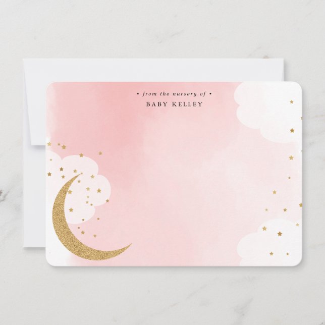 Over the Moon Gold Glitter, Pink Personalised Flat Card (Front)
