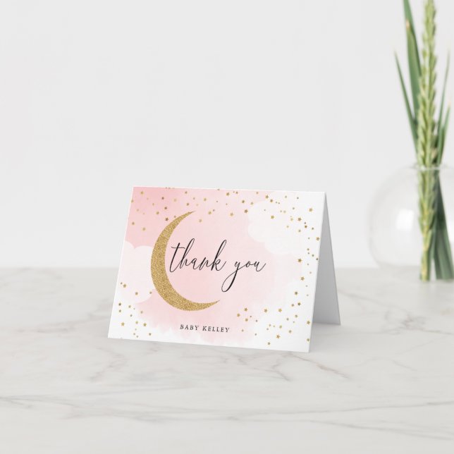 Over the Moon Gold Glitter, Pink Personalised Note Card (Front)