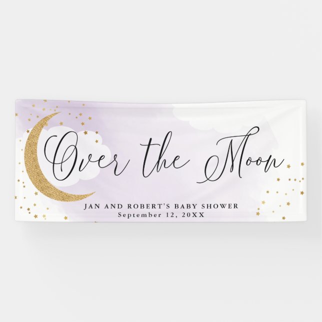 Over the Moon Gold Glitter, Purple Baby Shower Banner (Horizontal)