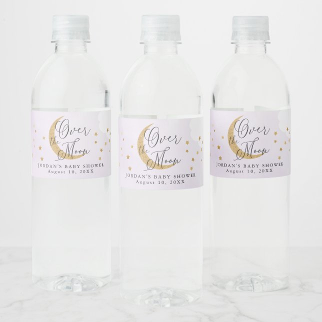 Over the Moon, Gold Glitter Purple Baby Shower Water Bottle Label (Bottles)