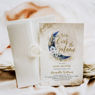 Over the Moon Gold & Navy Blue Baby Boy Shower  Invitation