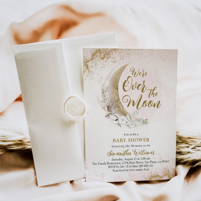 Over the Moon Gold Pink Baby Girl Shower Invitation (Creator Uploaded)