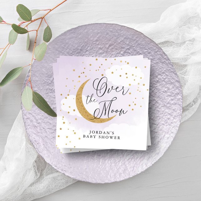 Over the Moon Gold Purple Baby Shower Personalised Napkin (Creator Uploaded)
