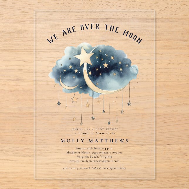Over the Moon Gold Stars Baby Shower  Acrylic Invitations (Front)